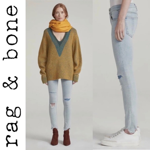 Rag & Bone Ankle Skinny Jeans in Lynn Holes 28 Chewed Hem Patchwork Light Wash - Picture 4 of 16